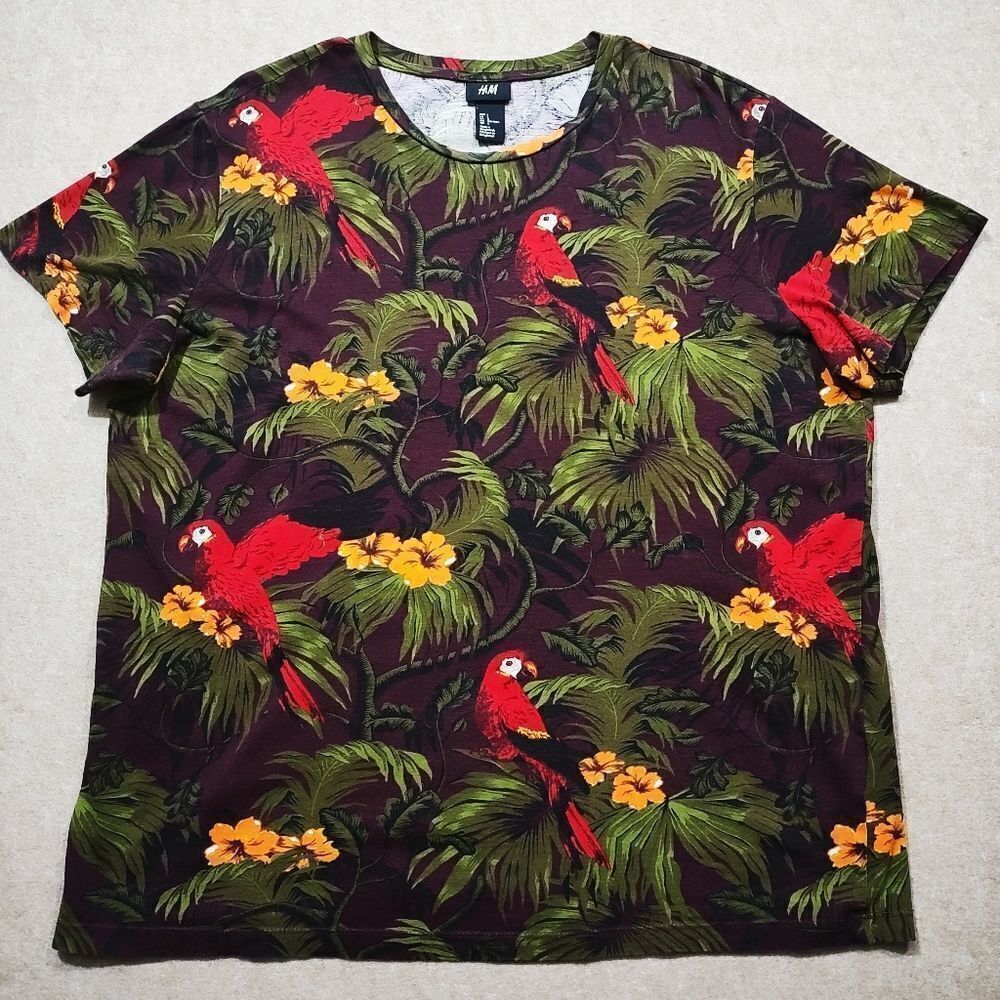 H&M Tropical Parrot Floral Palm Print Short Sleeve Mens T-Shirt #5